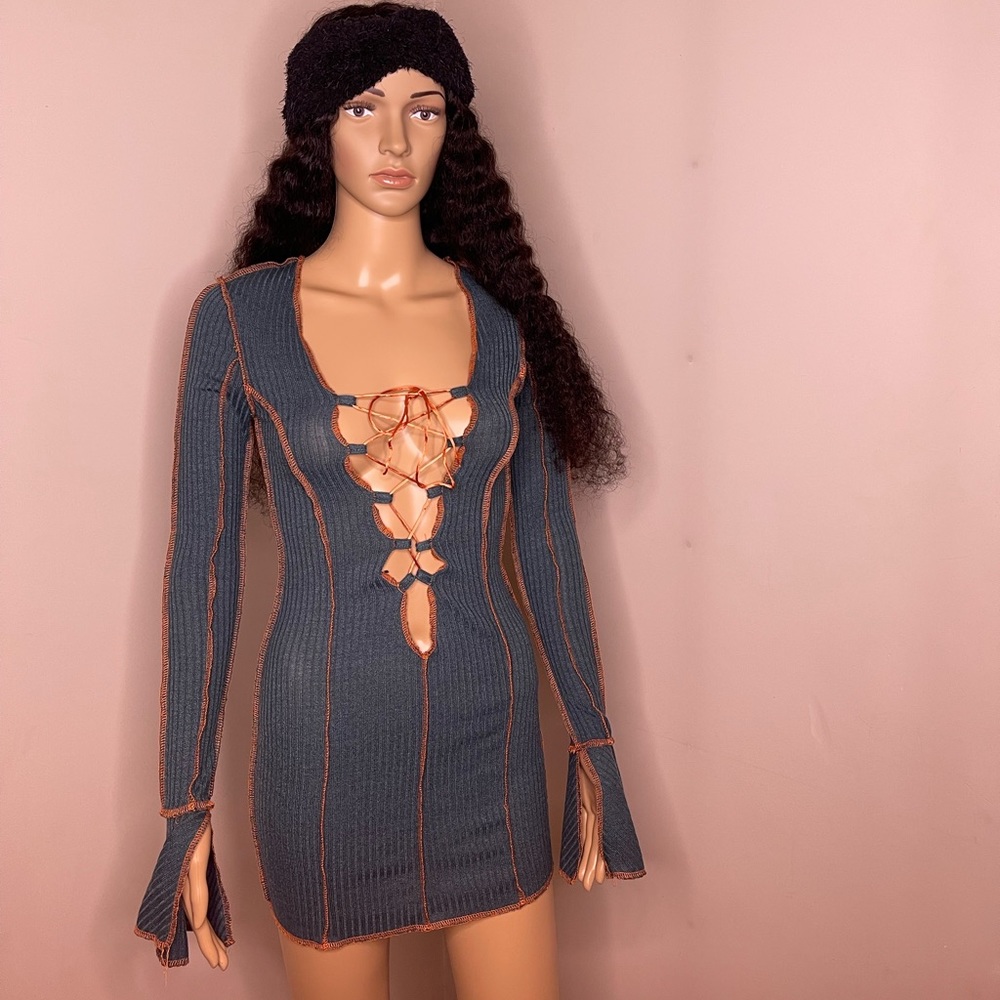 Long Sleeve Mini Lace Up Dress